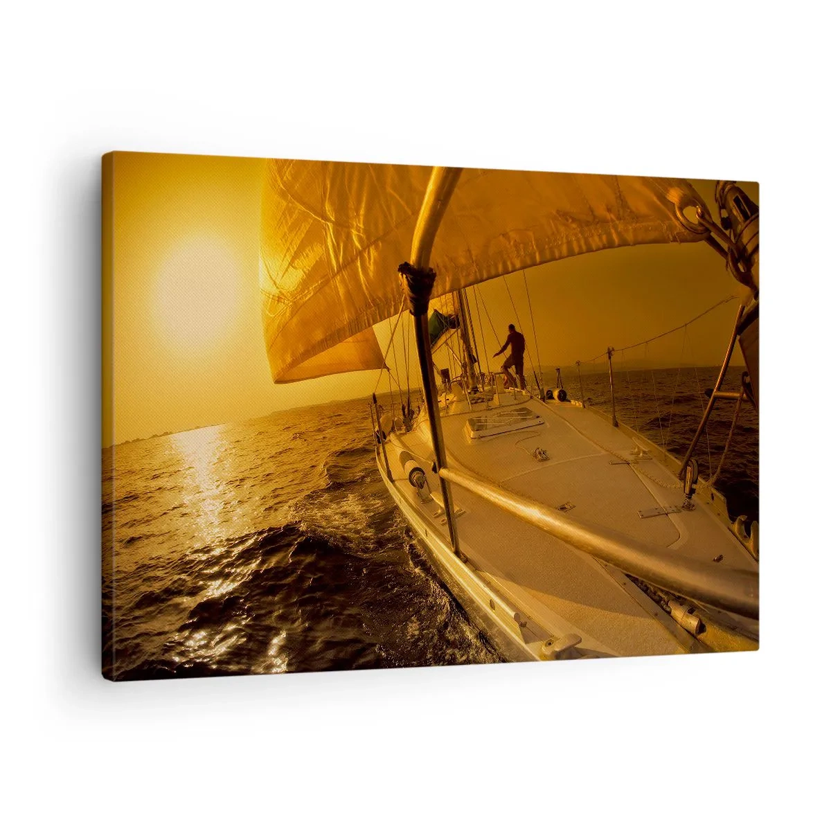 Bild auf Leinwand - Leinwandbild - Segelboot auf See bei Sonnenuntergang, goldener Schein. - 70x50cm - Ein goldener Abend nach einem bunten Tag - Moderne Wanddekoration für Wohnzimmer und Schlafzimmer ARTTOR