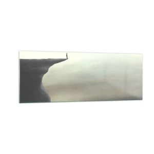 Glasbild - Bild auf glas - Silhouette einer Figur am Rand einer Klippe in einer nebligen Landschaft - 140x50cm - Nach oben, natürlich! - Moderne Wanddekoration für Wohnzimmer und Schlafzimmer ARTTOR