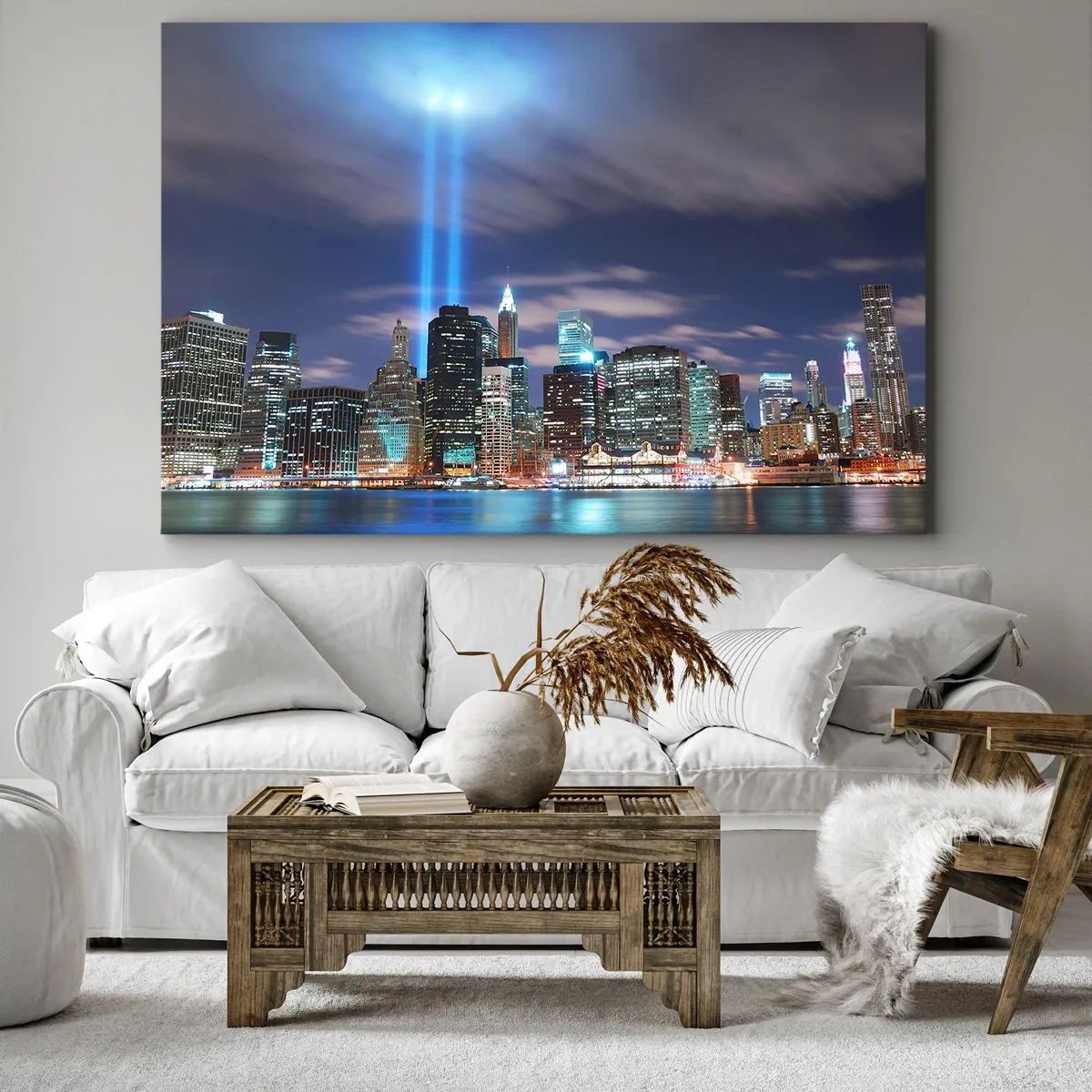 Bild auf Leinwand - Leinwandbild - Nachtstadtpanorama mit zwei hellen Lichtstrahlen am Himmel - 70x50cm - Erreiche den Himmel mit dem Licht - Moderne Wanddekoration für Wohnzimmer und Schlafzimmer ARTTOR