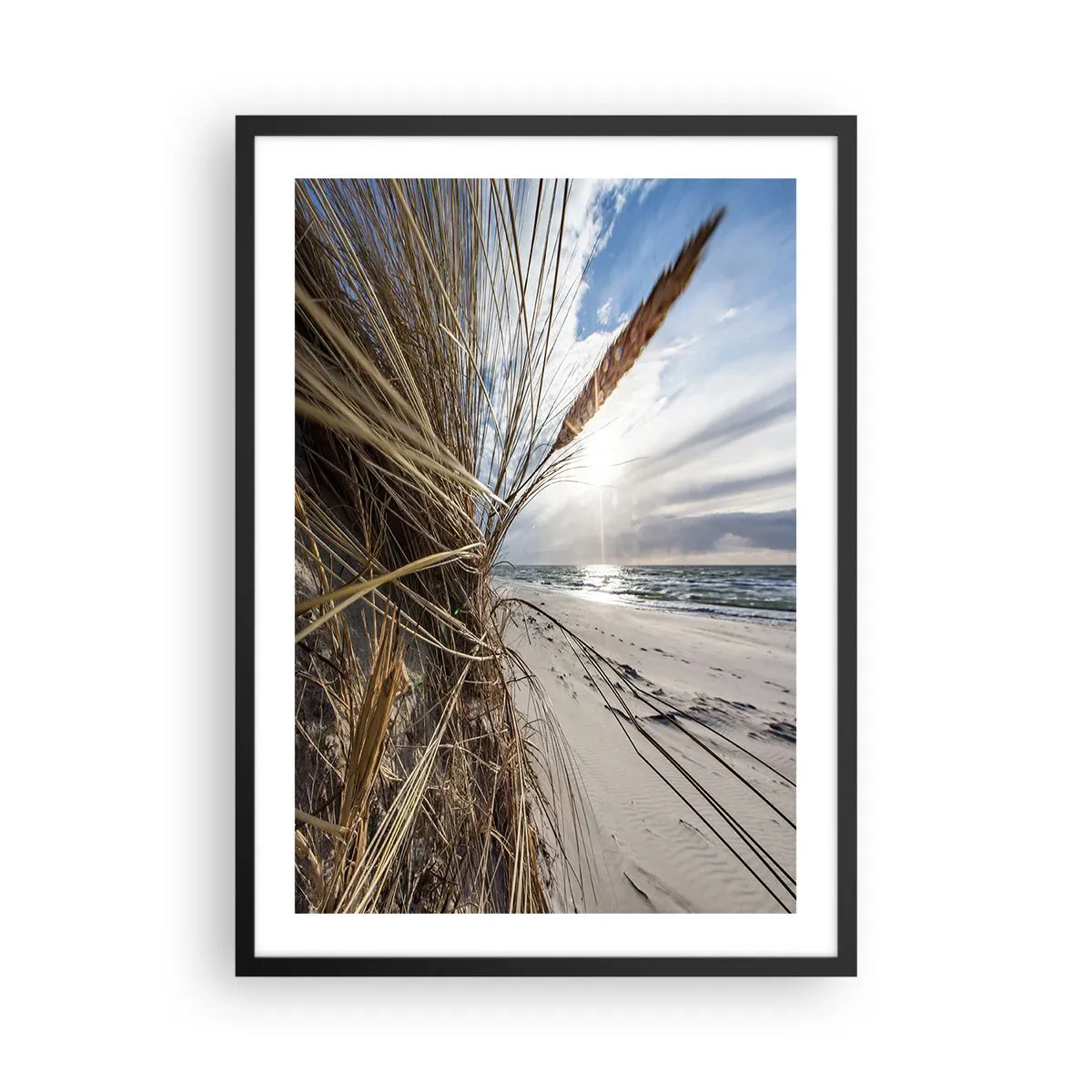 Poster in einem schwarzem Rahmen - Strand mit Blick aufs Meer und Gras in der Sonne - 50x70cm - Ein Treffen der Elemente der Natur - Moderne Wanddekoration für Wohnzimmer und Schlafzimmer ARTTOR