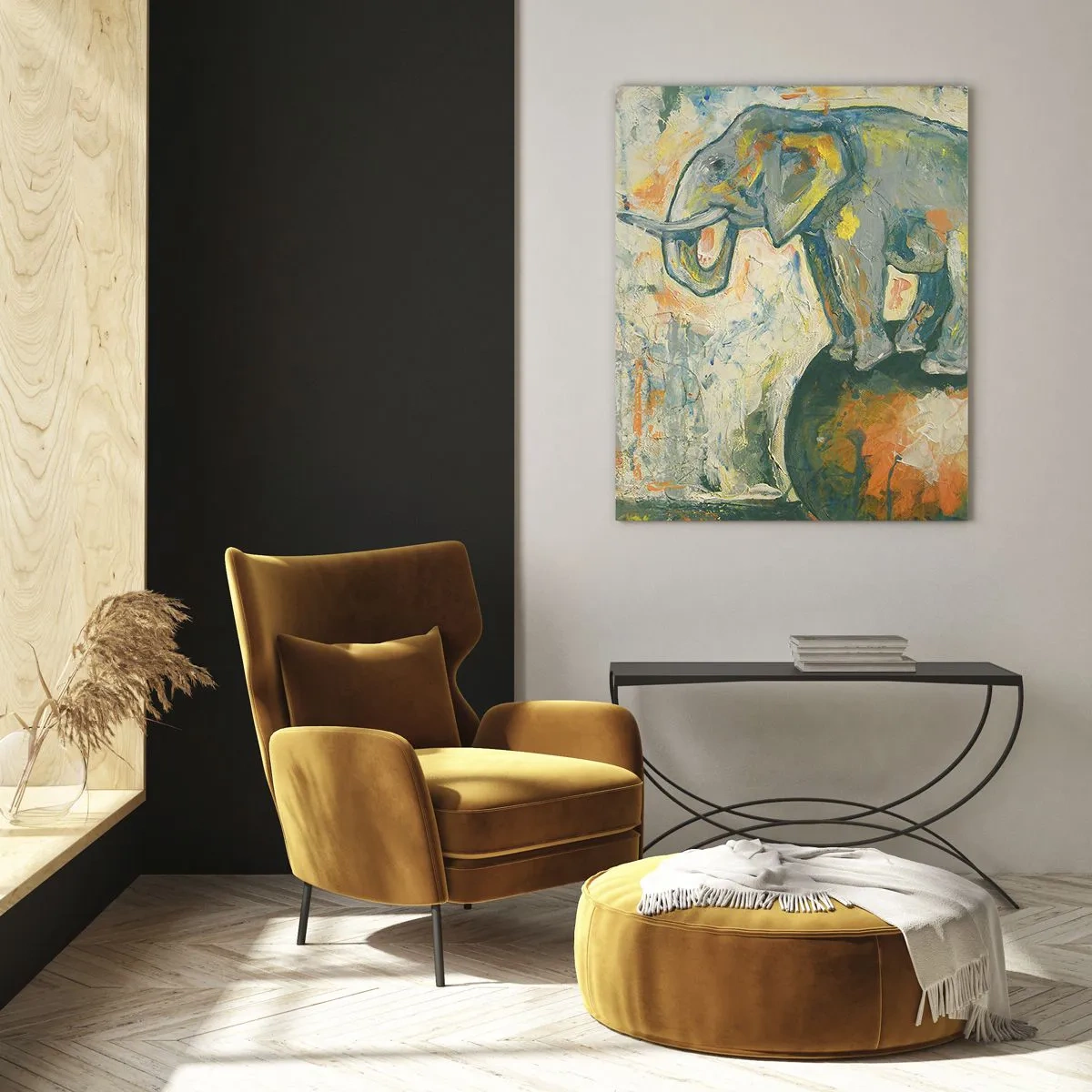 Glasbild - Bild auf glas - Ein Elefant, der auf einem Ball balanciert, in einem künstlerischen Stil - 80x120cm - Es lebe der Zirkus! - Moderne Wanddekoration für Wohnzimmer und Schlafzimmer ARTTOR