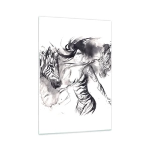 Glasbild - Bild auf glas - Eine Frau in einem dynamischen Tanz mit Zebras in einer Schwarz-Weiß-Ästhetik - 70x100cm - Tanzen mit den Zebras - Moderne Wanddekoration für Wohnzimmer und Schlafzimmer ARTTOR