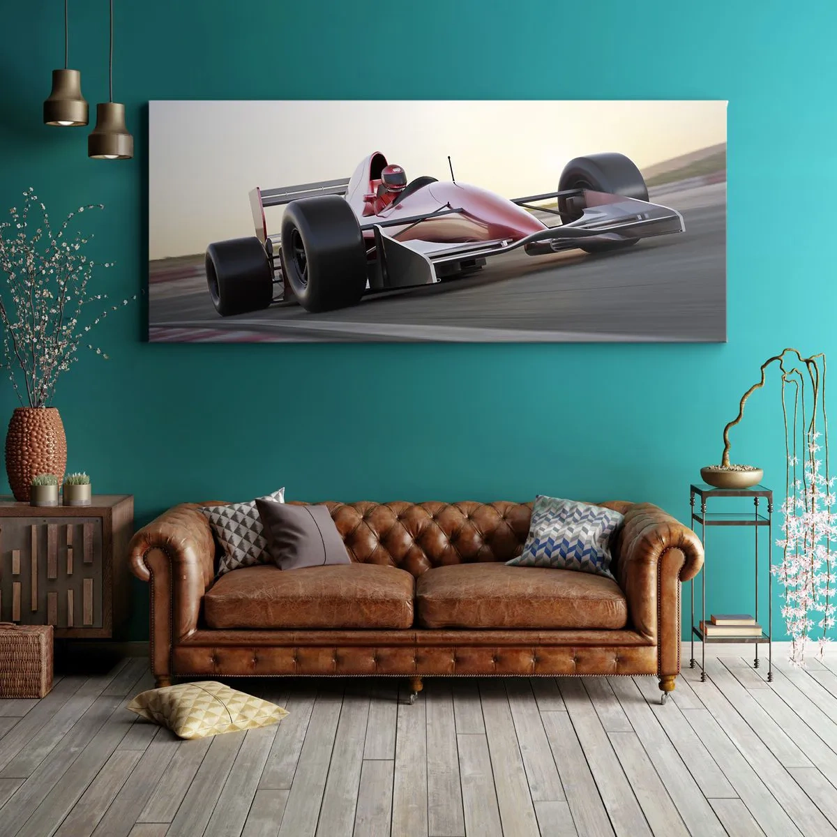 Bild auf Leinwand - Leinwandbild - Ein rotes Formel-1-Auto auf einer Rennstrecke während der Fahrt - 120x50cm - Immer der Gewinner - Moderne Wanddekoration für Wohnzimmer und Schlafzimmer ARTTOR