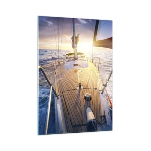 Glasbild - Bild auf glas - Das Deck eines Segelbootes vor der Kulisse der untergehenden Sonne und der Meereswellen - 50x70cm - Laufen unter den Wellen - Moderne Wanddekoration für Wohnzimmer und Schlafzimmer ARTTOR