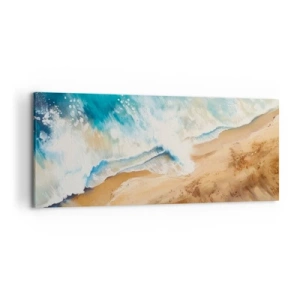 Bild auf Leinwand - Leinwandbild - Eine Meereswelle, die gegen den Sandstrand prallt - 120x50cm - Zurückkehrende Welle - Moderne Wanddekoration für Wohnzimmer und Schlafzimmer ARTTOR