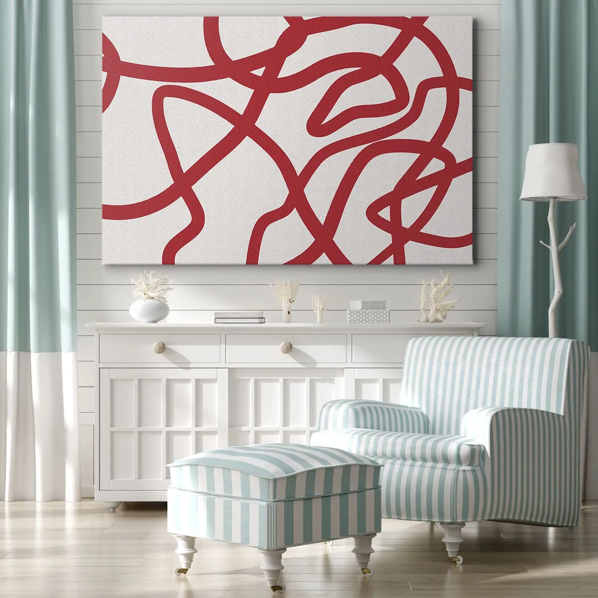 Bild auf Leinwand - Leinwandbild - Rote abstrakte Linien auf weißem Hintergrund - 70x50cm - Rot auf Weiß - Moderne Wanddekoration für Wohnzimmer und Schlafzimmer ARTTOR