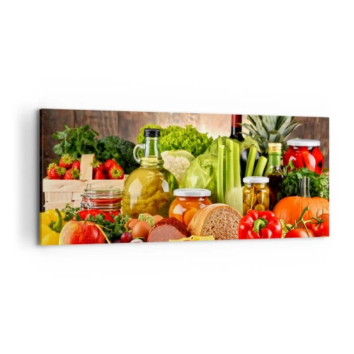 Bild auf Leinwand - Leinwandbild - Buntes Obst, Gemüse und Lebensmittel - 120x50cm - Geräuchert, gebacken und eingelegt - Moderne Wanddekoration für Wohnzimmer und Schlafzimmer ARTTOR