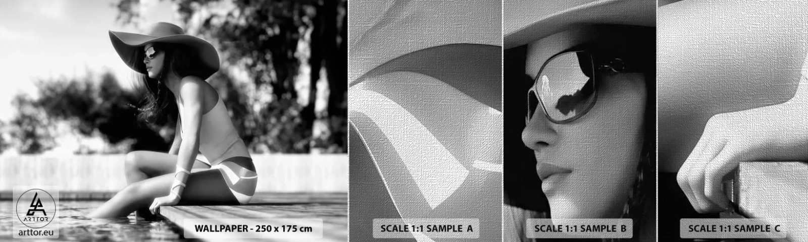 Fototapeten Muster Premium Canvas - Sommertraum - Frau, Hut, Schwimmbad - 100x30 cm