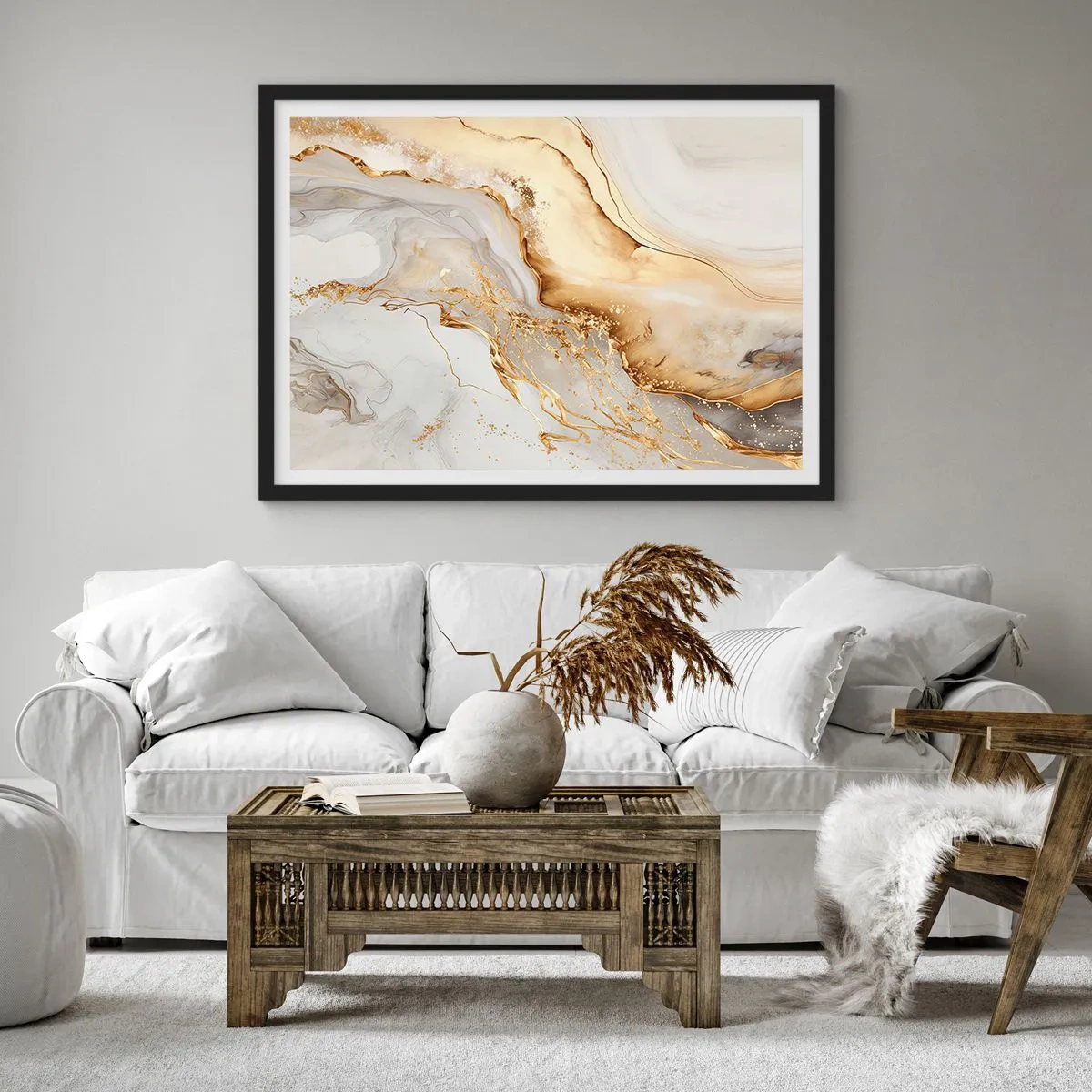 Poster in einem schwarzem Rahmen - Abstrakte Muster aus Gold und Marmor auf hellem Hintergrund - 70x50cm - Abstraktion: Schönheit und Güte - Moderne Wanddekoration für Wohnzimmer und Schlafzimmer ARTTOR