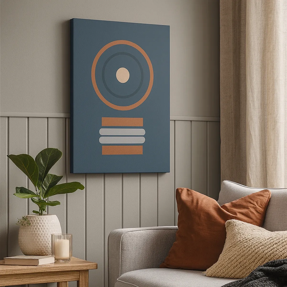 Bild auf Leinwand - Leinwandbild - Eine geometrische Komposition mit Kreisen und Rechtecken in gedämpften Farben. - 50x70cm - Das Wesen der Dinge - Moderne Wanddekoration für Wohnzimmer und Schlafzimmer ARTTOR