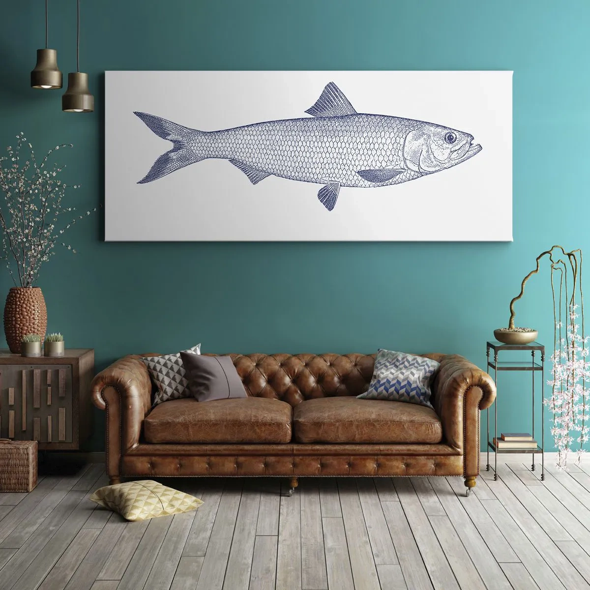 Bild auf Leinwand - Leinwandbild - Illustration eines Fisches in Blautönen auf hellem Hintergrund - 160x50cm - Grüße aus den nördlichen Meeren - Moderne Wanddekoration für Wohnzimmer und Schlafzimmer ARTTOR