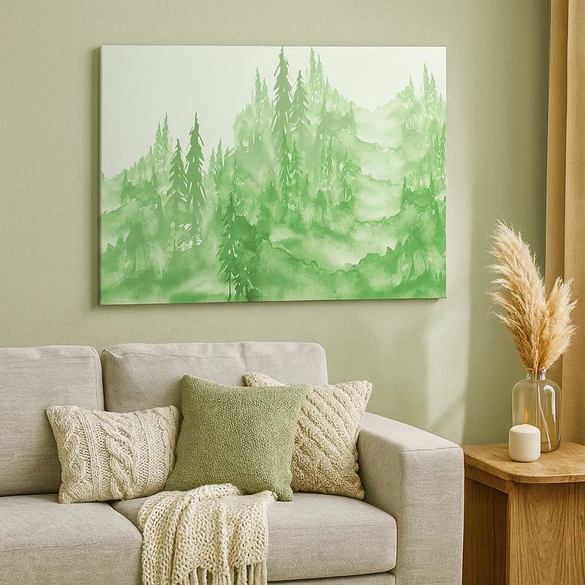 Bild auf Leinwand - Leinwandbild - Grüner Wald im Aquarellstil auf hellem Hintergrund - 70x50cm - Verschwommen mit grünem Nebel - Moderne Wanddekoration für Wohnzimmer und Schlafzimmer ARTTOR