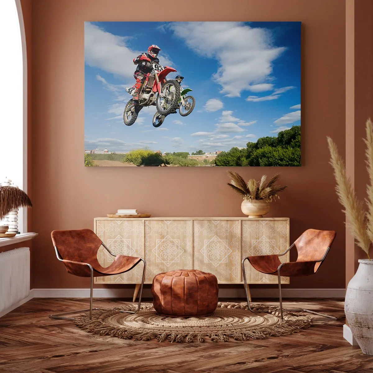 Bild auf Leinwand - Leinwandbild - Fahrer auf Motocross-Motorrädern in der Luft während eines Sprunges - 70x50cm - Himmelssprung - Moderne Wanddekoration für Wohnzimmer und Schlafzimmer ARTTOR
