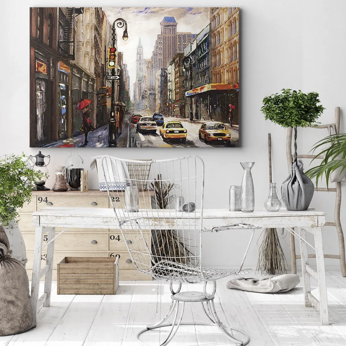 Bild auf Leinwand - Leinwandbild - Stadtbild mit einer Straße und gelben Taxis - 120x80cm - New York - auch im Regen bunt - Moderne Wanddekoration für Wohnzimmer und Schlafzimmer ARTTOR