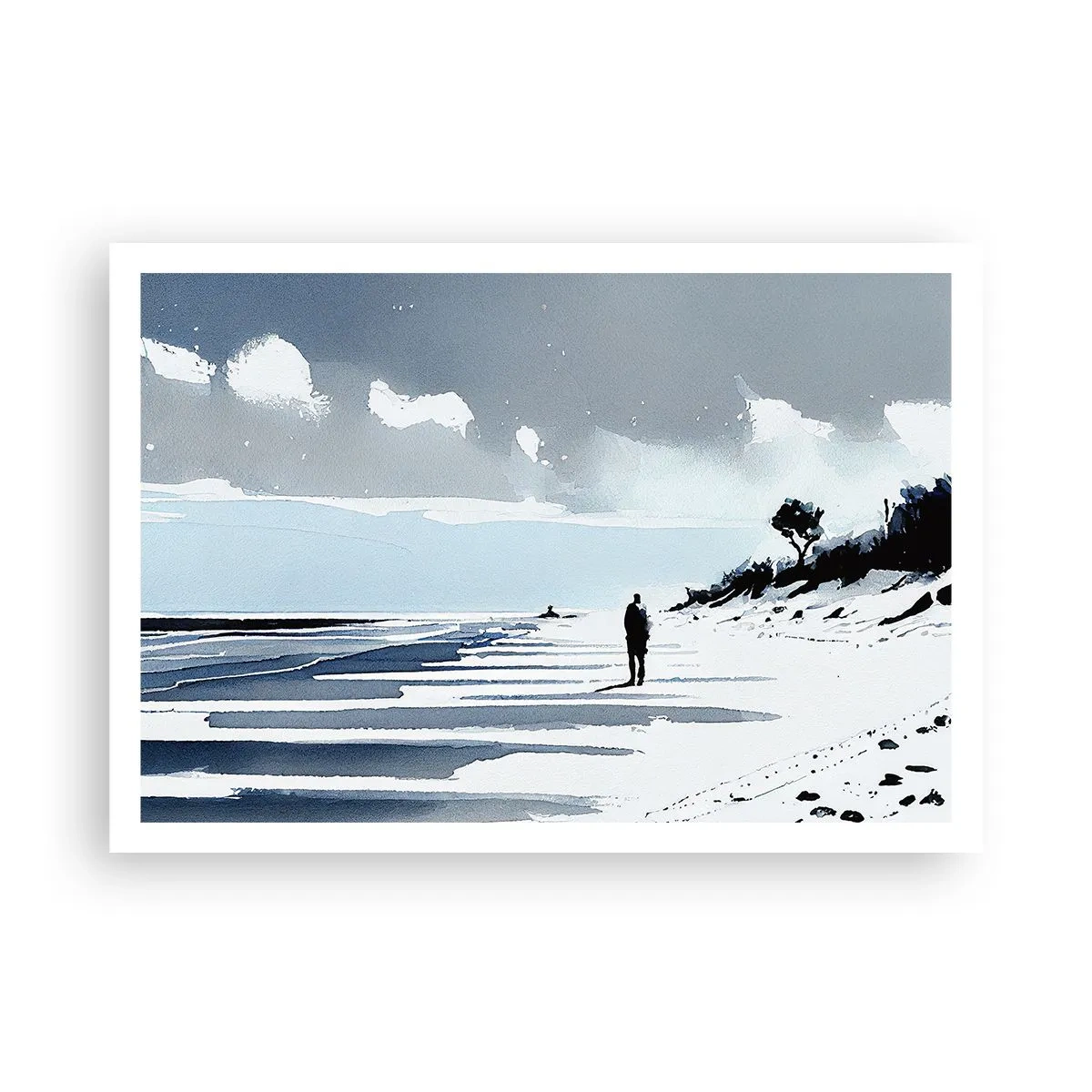 Poster - Eine einsame Gestalt, die an einem leeren Strand entlanggeht - 100x70cm - Allein sein - Moderne Wanddekoration für Wohnzimmer und Schlafzimmer ARTTOR