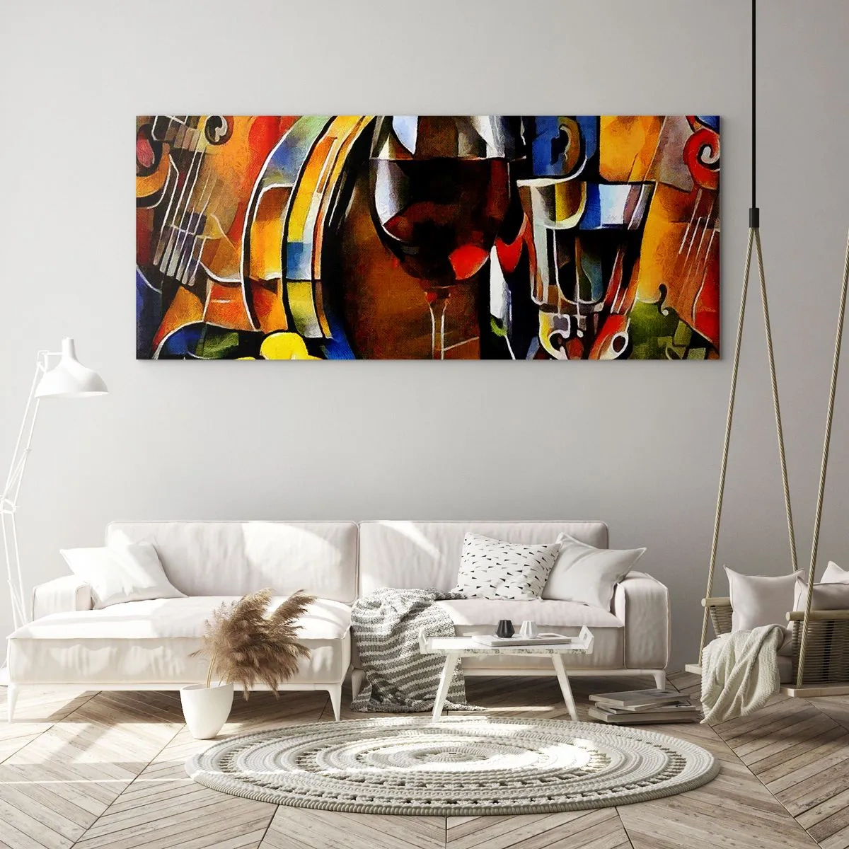 Glasbild - Bild auf glas - Abstraktes Stillleben mit Gläsern und Instrumenten - 120x50cm - Und die Welt nimmt Farben an - Moderne Wanddekoration für Wohnzimmer und Schlafzimmer ARTTOR