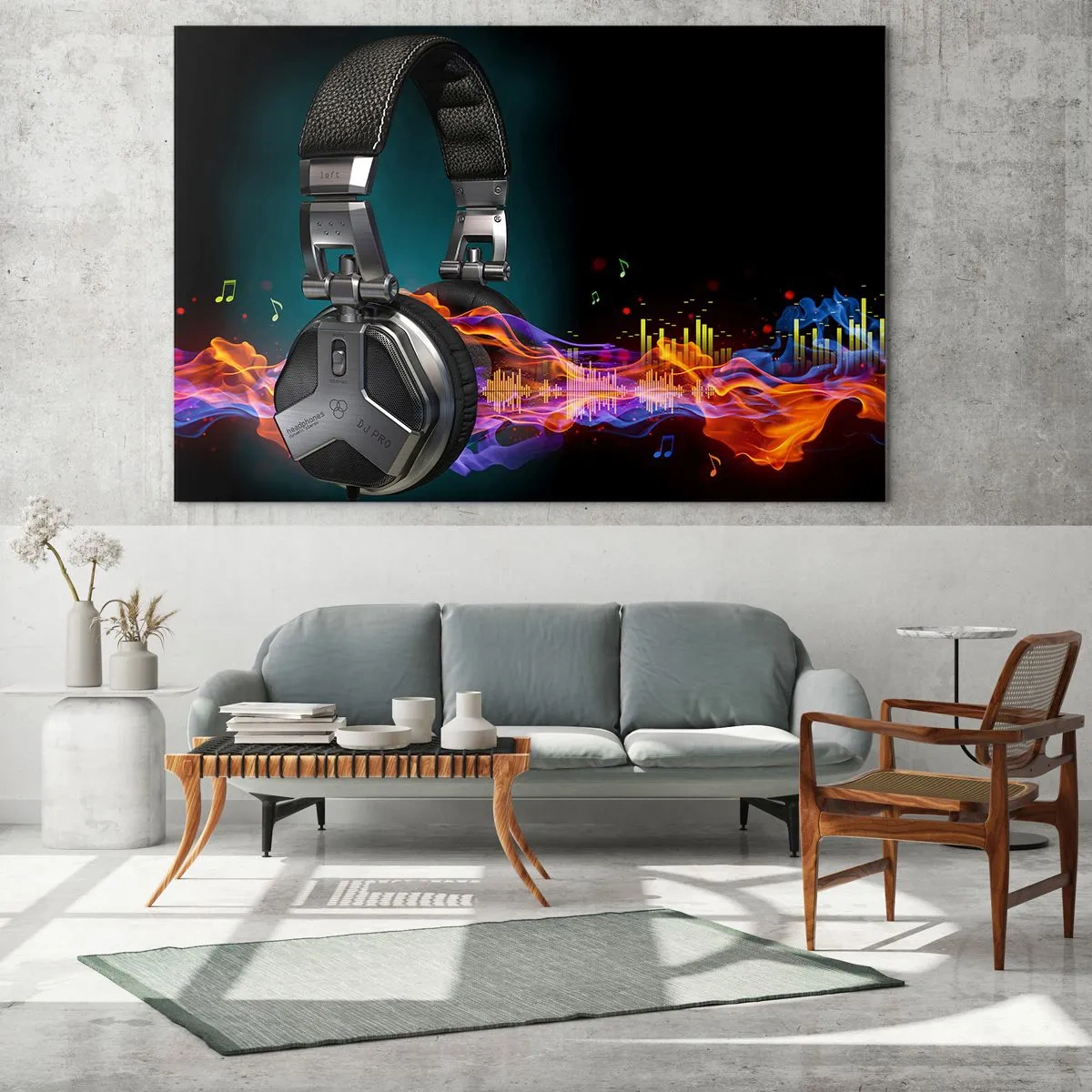 Glasbild - Bild auf glas - DJ-Kopfhörer mit bunten Schallwellen und Musiknoten - 70x50cm - Feuer der Musik - Moderne Wanddekoration für Wohnzimmer und Schlafzimmer ARTTOR