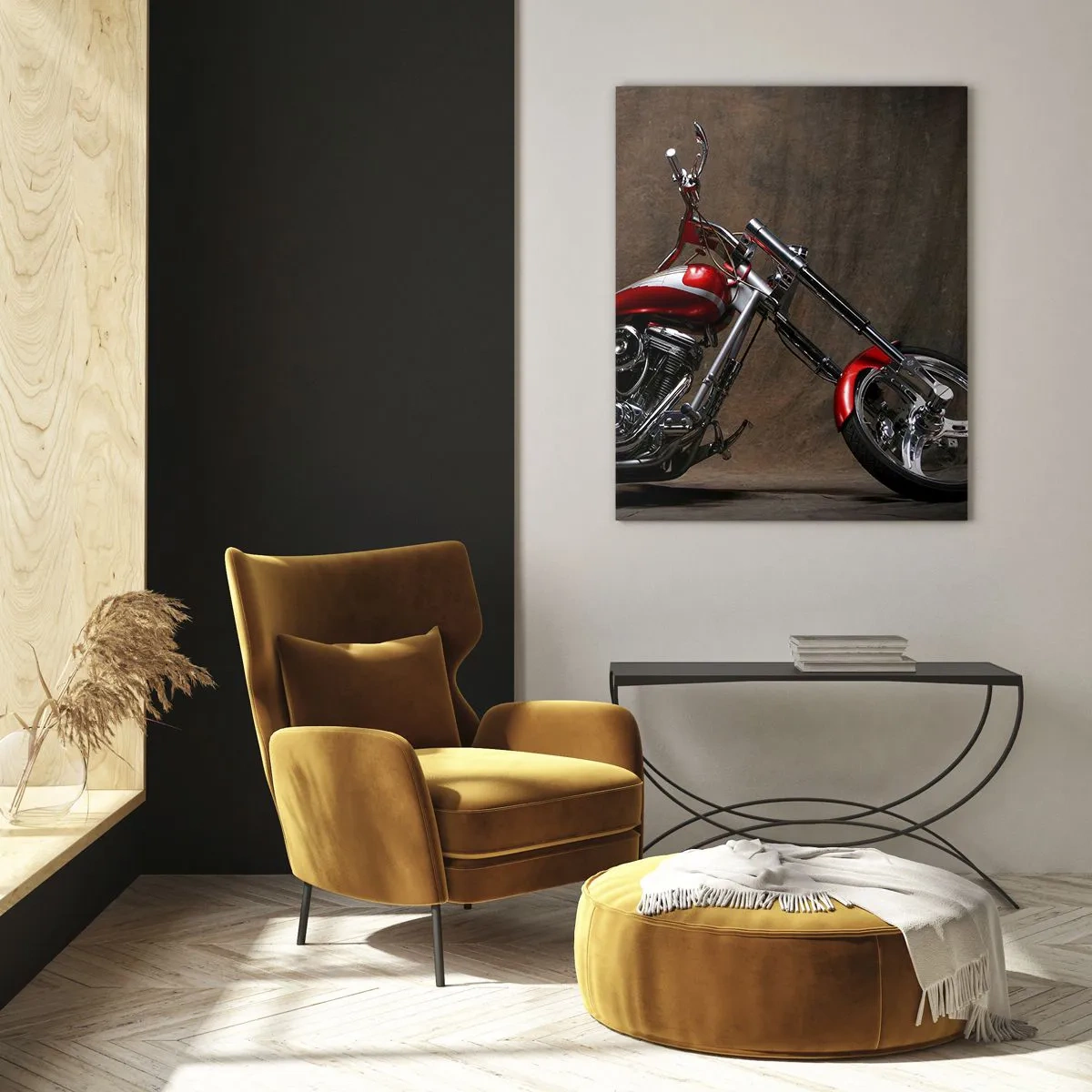 Glasbild - Bild auf glas - Rotes Custom-Motorrad auf dunklem Hintergrund - 50x70cm - Rote und silberne Schönheit - Moderne Wanddekoration für Wohnzimmer und Schlafzimmer ARTTOR