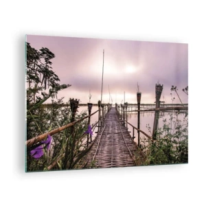 Glasbild - Bild auf glas - Eine Bambusbrücke, die über den See führt, umgeben von Pflanzen und Blumen - 70x50cm - Frieden und Ruhe Asiens - Moderne Wanddekoration für Wohnzimmer und Schlafzimmer ARTTOR
