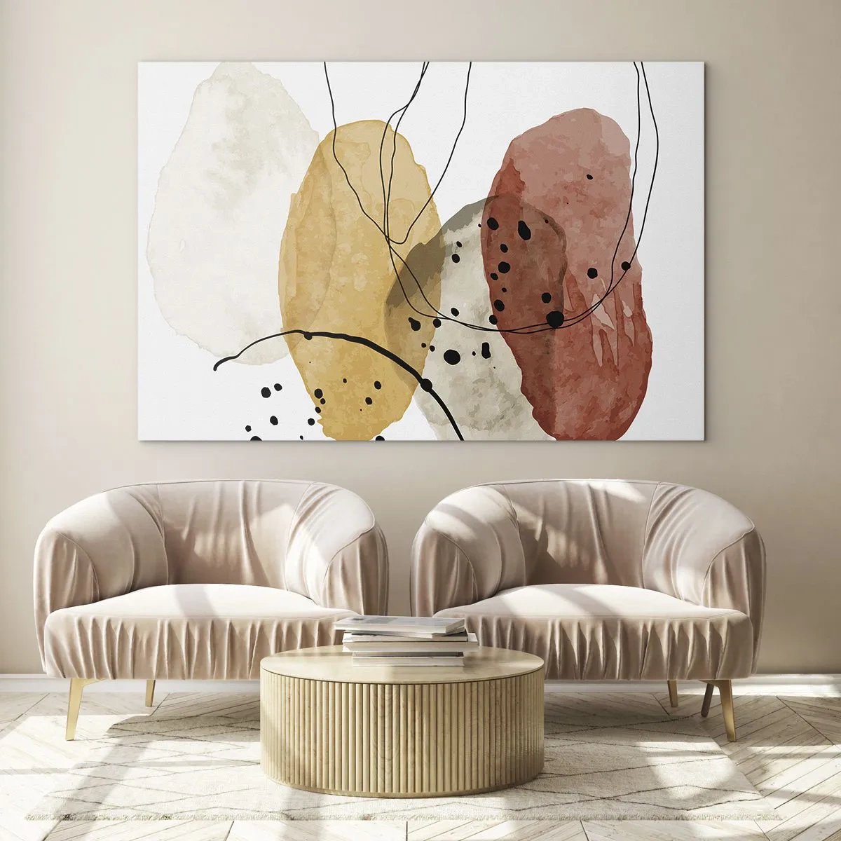 Glasbild - Bild auf glas - Abstrakte erdfarbene Flecken mit dünnen Linien - 70x50cm - Wie leichte, transparente Luft - Moderne Wanddekoration für Wohnzimmer und Schlafzimmer ARTTOR