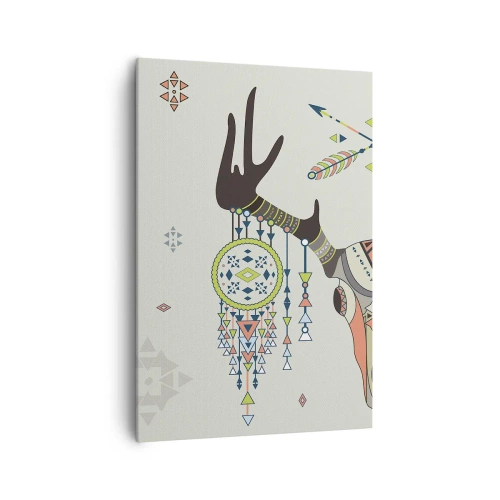 Bild auf Leinwand - Leinwandbild - Boho Deko mit Hirschschädel und Traumfänger - 70x100cm - Indische Jägertrophäe - Moderne Wanddekoration für Wohnzimmer und Schlafzimmer ARTTOR