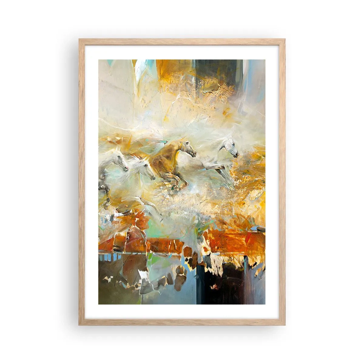 Poster in einem Rahmen aus heller Eiche - Im Galopp durch das Licht - 50x70 cm