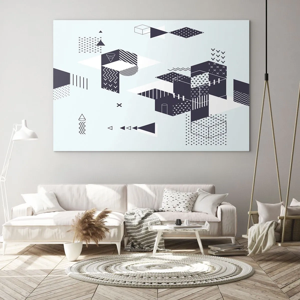 Glasbild - Bild auf glas - Abstrakte geometrische Komposition in Schwarz und Weiß auf hellem Hintergrund - 70x50cm - In der Seele eines Mathematikers - Moderne Wanddekoration für Wohnzimmer und Schlafzimmer ARTTOR