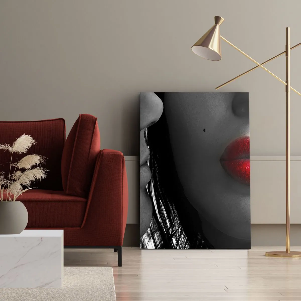 Bild auf Leinwand - Leinwandbild - Nahaufnahme der Gesichter einer Frau und eines Mannes mit roten Lippen. - 50x70cm - Gesicht am Gesicht - Moderne Wanddekoration für Wohnzimmer und Schlafzimmer ARTTOR