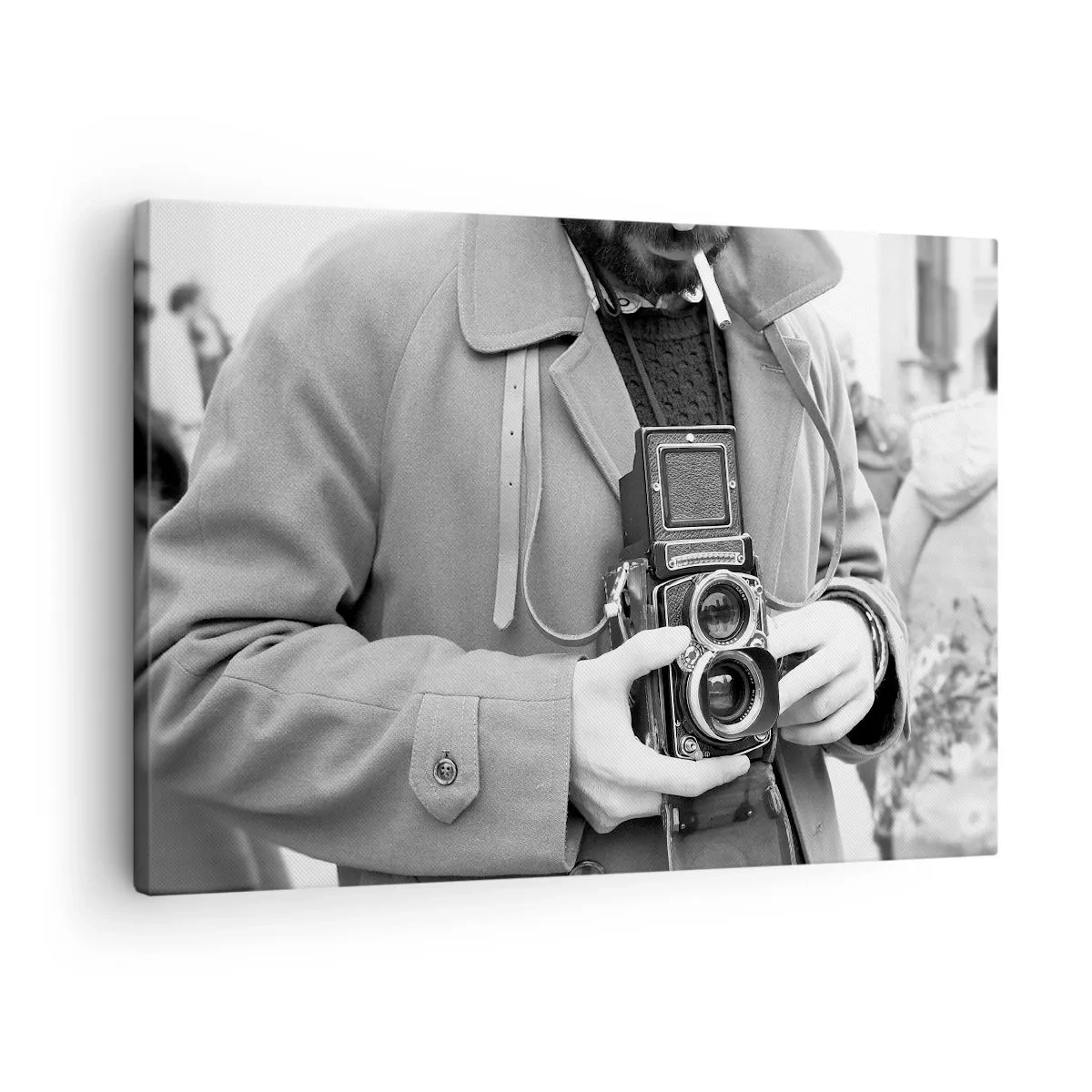 Bild auf Leinwand - Leinwandbild - Schwarz-Weiß-Foto eines Mannes mit einer Retro-Kamera - 70x50cm - Retro-Stil - Moderne Wanddekoration für Wohnzimmer und Schlafzimmer ARTTOR