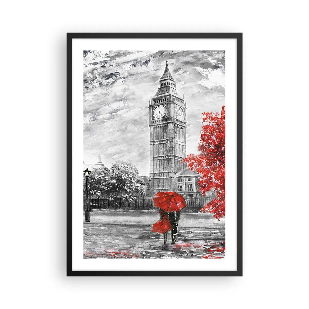Poster in einem schwarzem Rahmen - Uhrturm mit rotem Regenschirm - 50x70cm - Ein aufregender Tag - Moderne Wanddekoration für Wohnzimmer und Schlafzimmer ARTTOR