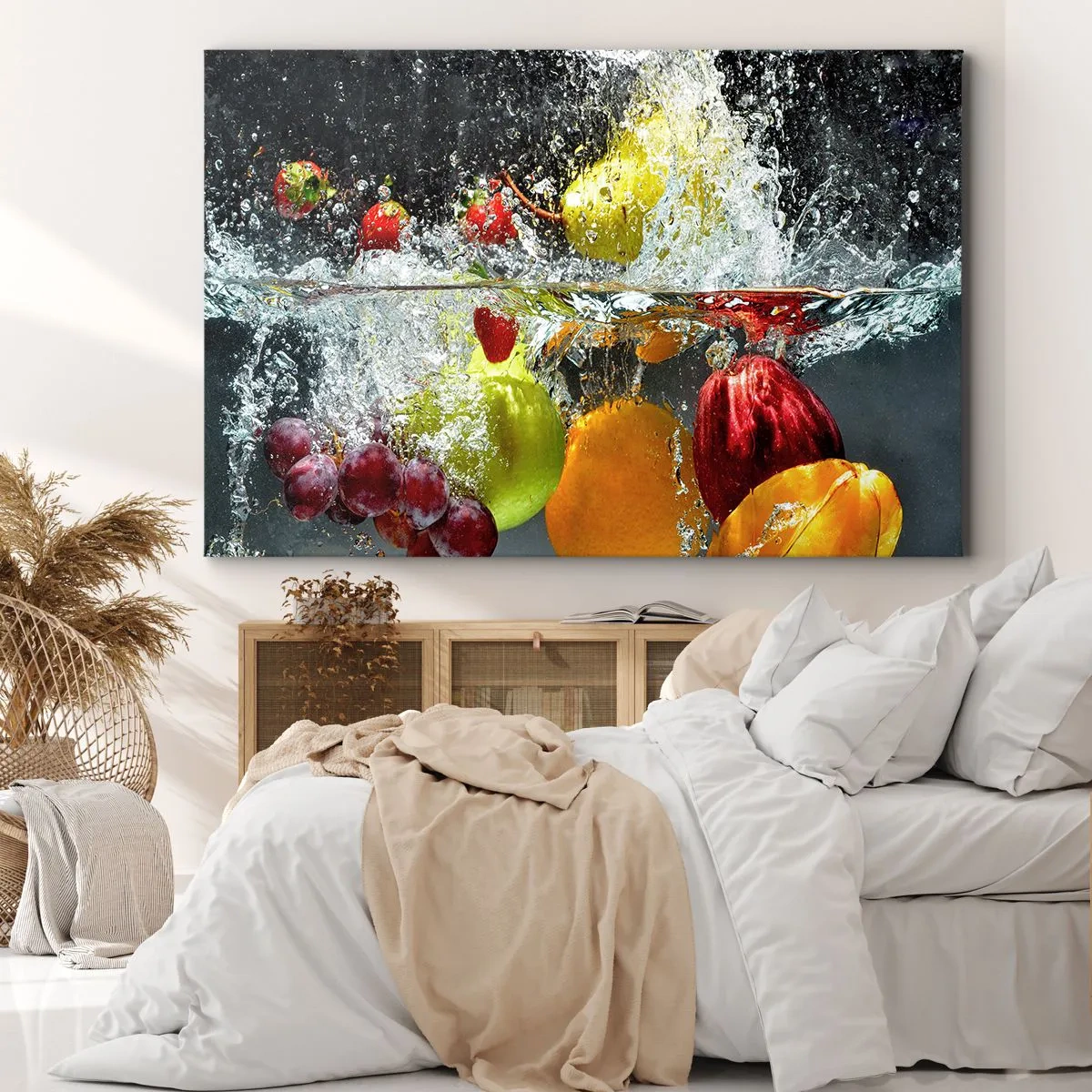 Bild auf Leinwand - Leinwandbild - Bunte Früchte im Wasser bei dynamischer Immersion - 120x80cm - Fruchterfrischung - Moderne Wanddekoration für Wohnzimmer und Schlafzimmer ARTTOR