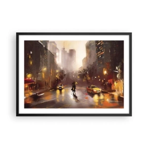 Poster in einem schwarzem Rahmen - Eine nächtliche Stadtszene im Licht der Straßenlaternen und Spiegelungen auf einer nassen Straße. - 70x50cm - Im Licht von New York - Moderne Wanddekoration für Wohnzimmer und Schlafzimmer ARTTOR