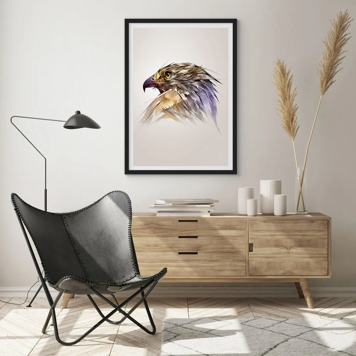 Poster in einem schwarzem Rahmen - Ein künstlerisches Porträt eines Adlers in Beige- und Lilatönen. - 50x70cm - Porträt eines Kriegers - Moderne Wanddekoration für Wohnzimmer und Schlafzimmer ARTTOR