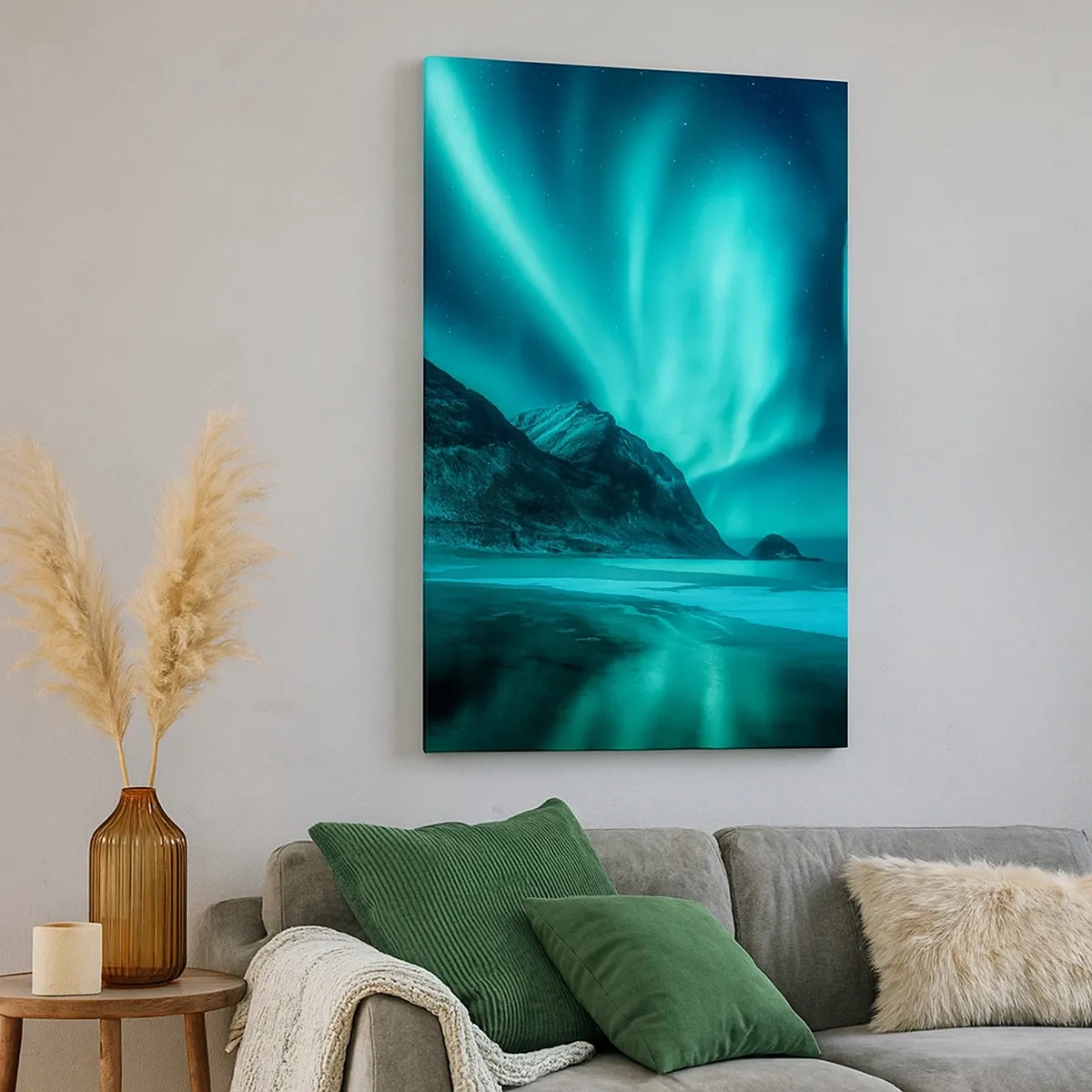 Bild auf Leinwand - Leinwandbild - Aurora Borealis über einer bergigen Winterlandschaft - 50x70cm - Wunder des Nordens - Moderne Wanddekoration für Wohnzimmer und Schlafzimmer ARTTOR