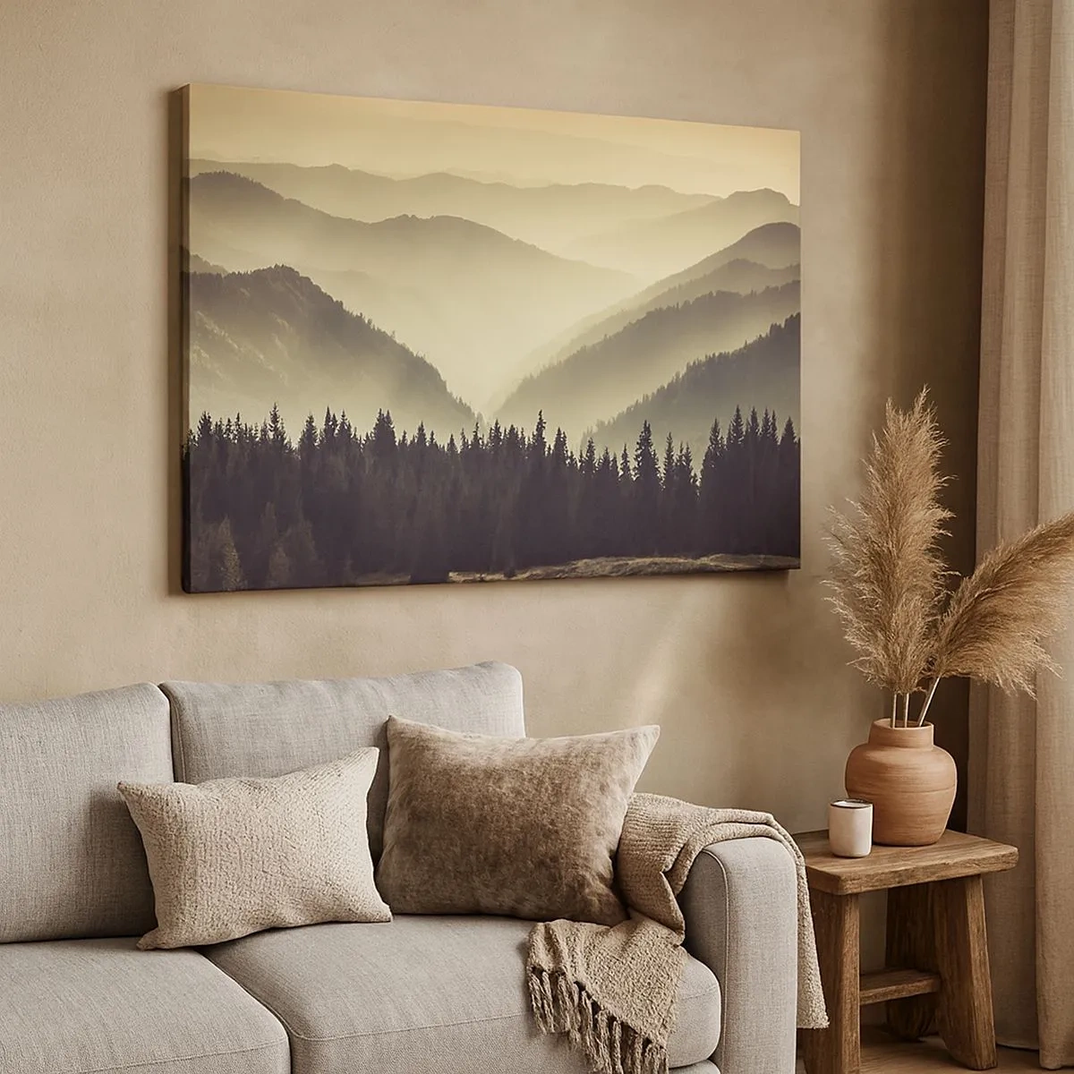 Bild auf Leinwand - Leinwandbild - Malerische Bergketten im Nebel in warmem Licht - 70x50cm - Hinter den sieben Bergen ... - Moderne Wanddekoration für Wohnzimmer und Schlafzimmer ARTTOR
