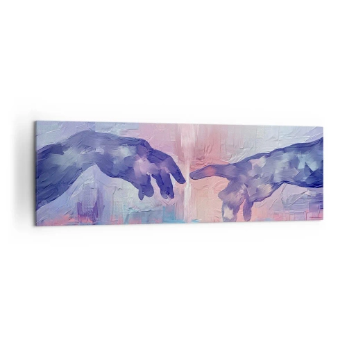 Bild auf Leinwand - Leinwandbild - Symbolische Hände in abstrakten Farben, die auf das Thema der Schöpfung verweisen - 160x50cm - Göttlicher Funke des Lebens - Moderne Wanddekoration für Wohnzimmer und Schlafzimmer ARTTOR