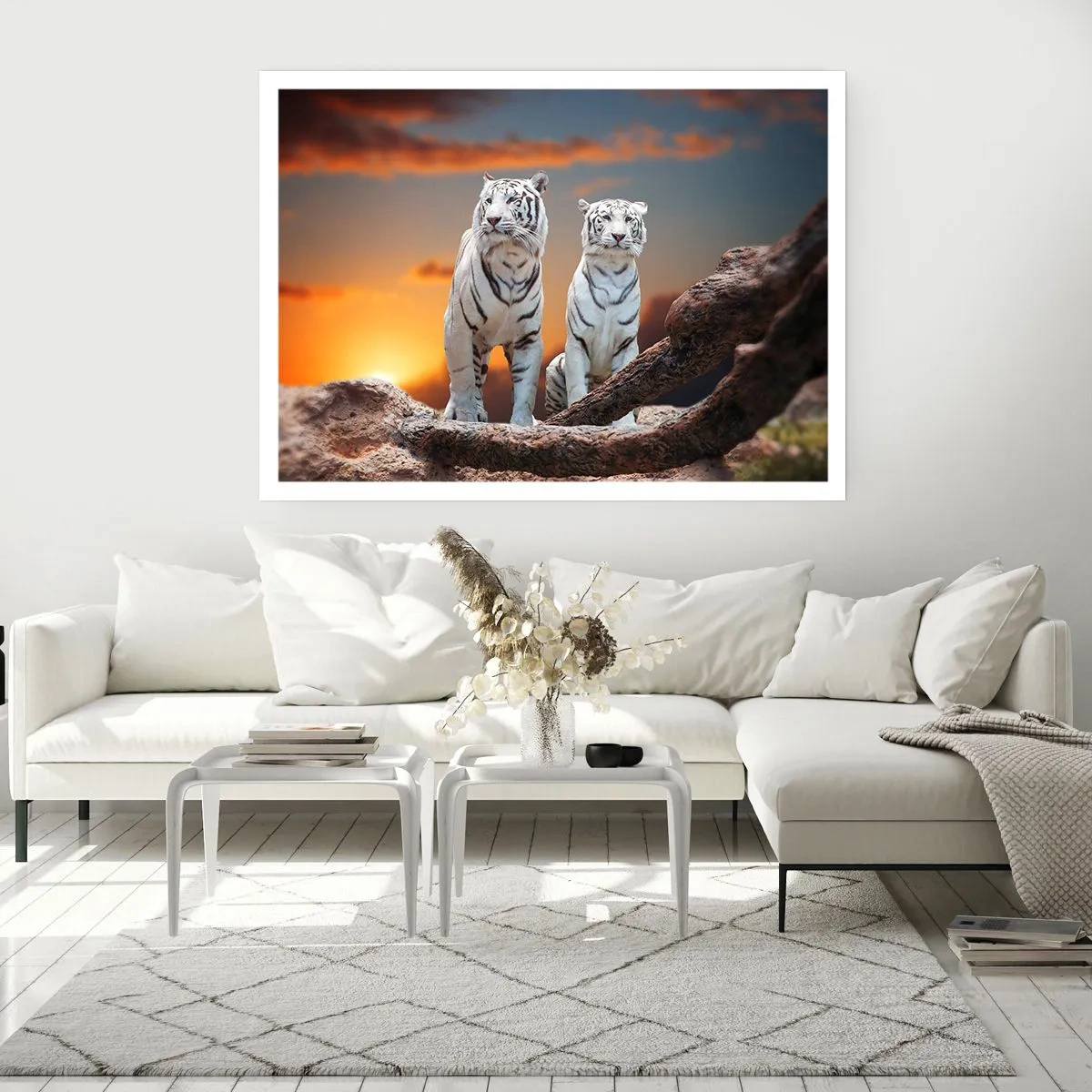 Poster - Weiße Tiger in der untergehenden Sonne vor der Kulisse der Natur - 100x70cm - Genau wie Narnia - Moderne Wanddekoration für Wohnzimmer und Schlafzimmer ARTTOR