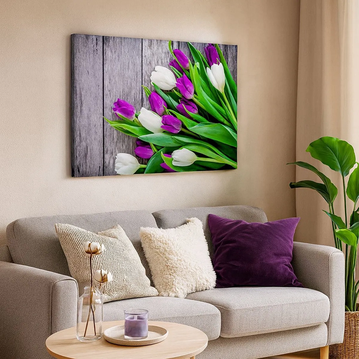 Bild auf Leinwand - Leinwandbild - Ein Strauß lila und weißer Tulpen auf einem hölzernen Hintergrund - 70x50cm - Am Tag der Frühlingsferien - Moderne Wanddekoration für Wohnzimmer und Schlafzimmer ARTTOR