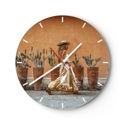 Wanduhr - Glasuhr - Stilisierte Hippie-Frau vor dem Hintergrund von Töpfen mit Kakteen - 30x30cm - Hippie-Stil - Moderne Wanddekoration für Wohnzimmer, Küche und Schlafzimmer ARTTOR