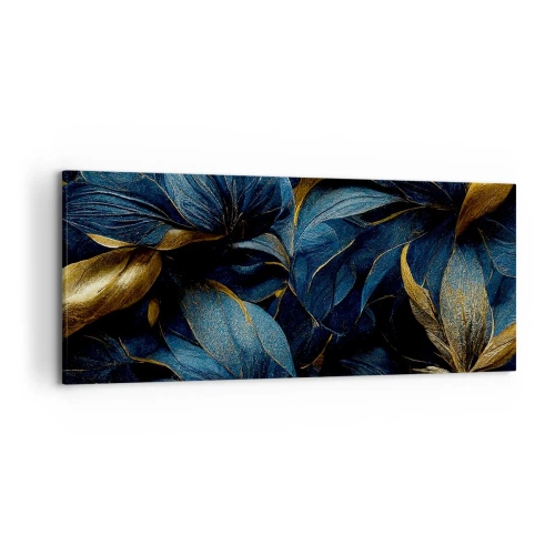 Bild auf Leinwand - Leinwandbild - Elegante Blätter in Gold- und Marineblautönen - 120x50cm - Mit Gold gefüttert - Moderne Wanddekoration für Wohnzimmer und Schlafzimmer ARTTOR