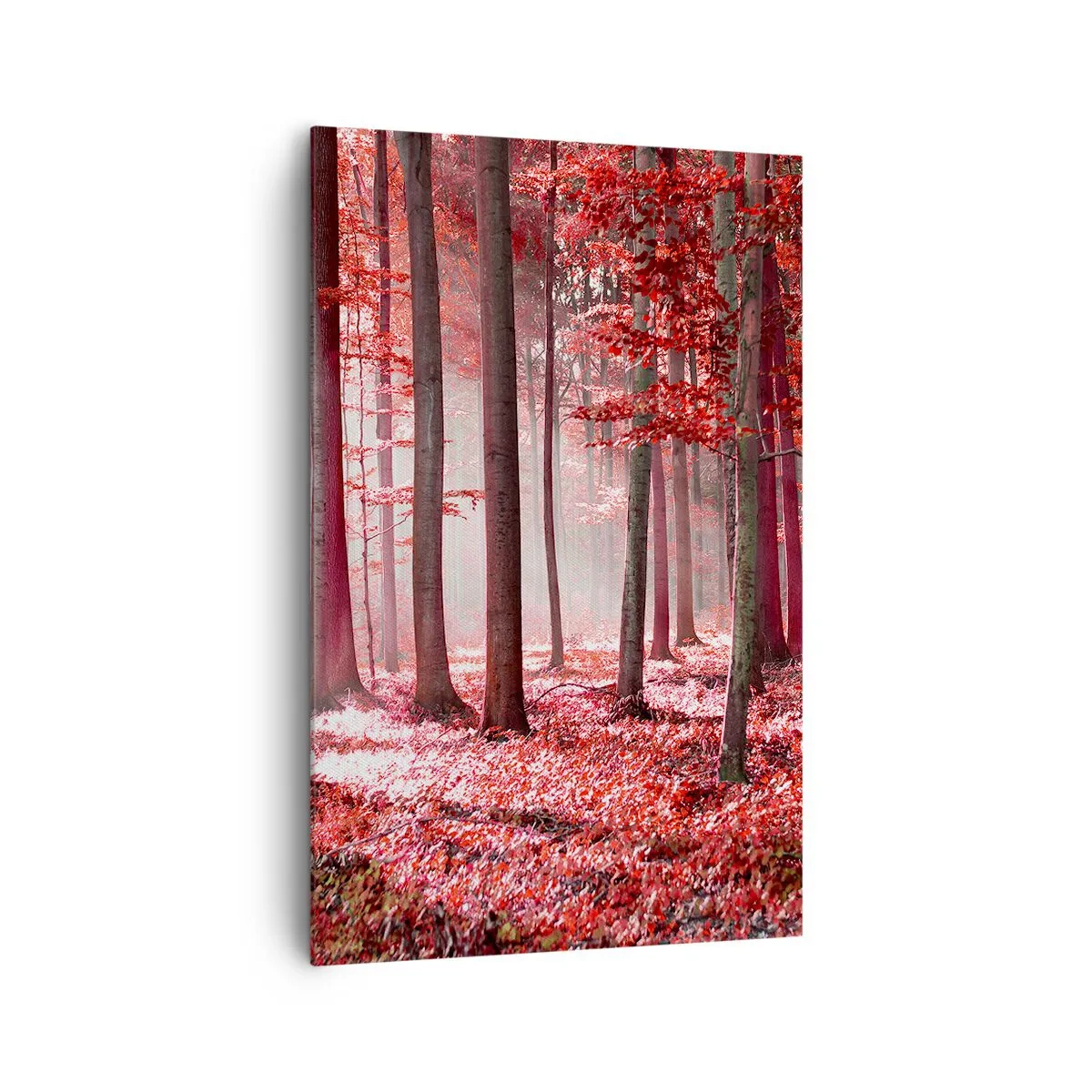 Bild auf Leinwand - Leinwandbild - Ein atemberaubender Wald in roten Farbtönen mit Lichtstrahlen, die durch die Bäume dringen - 80x120cm - Rot ist genauso schön - Moderne Wanddekoration für Wohnzimmer und Schlafzimmer ARTTOR