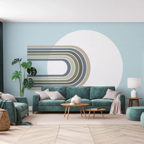 Fototapete Premium Sand - Geometrische Komposition mit Bögen und einem Kreis auf blauem Hintergrund - 100x70cm - Unwiderstehliche Anziehungskraft - Moderne Wanddekoration für Wohnzimmer und Schlafzimmer ARTTOR