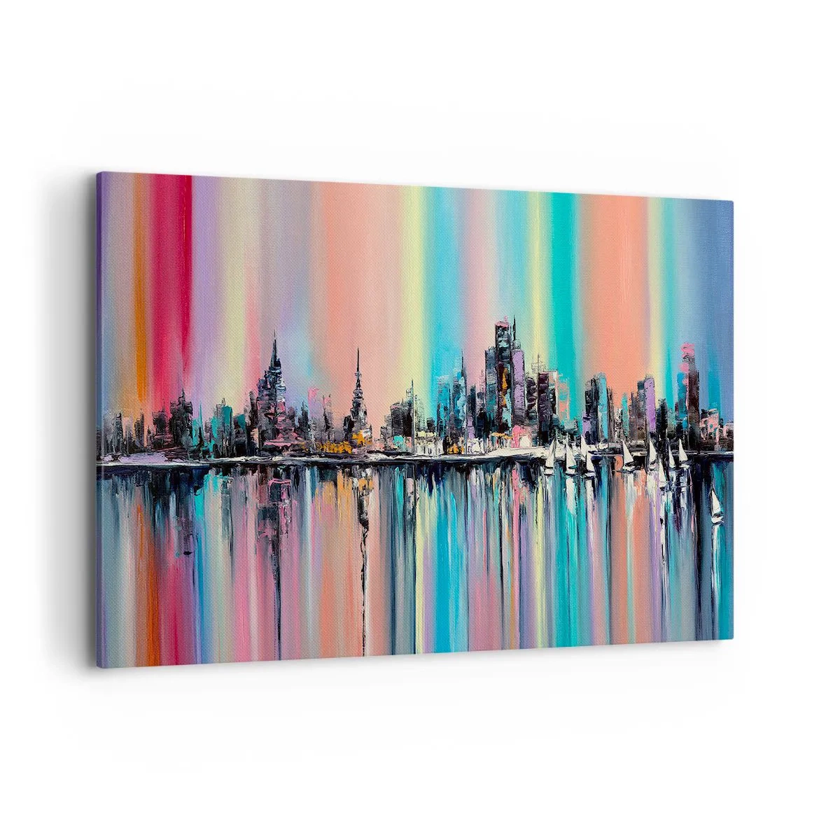 Bild auf Leinwand - Leinwandbild - Buntes Stadtbild mit Spiegelung auf dem Wasser - 100x70cm - Um das Licht der Nacht herunterzufallen - Moderne Wanddekoration für Wohnzimmer und Schlafzimmer ARTTOR