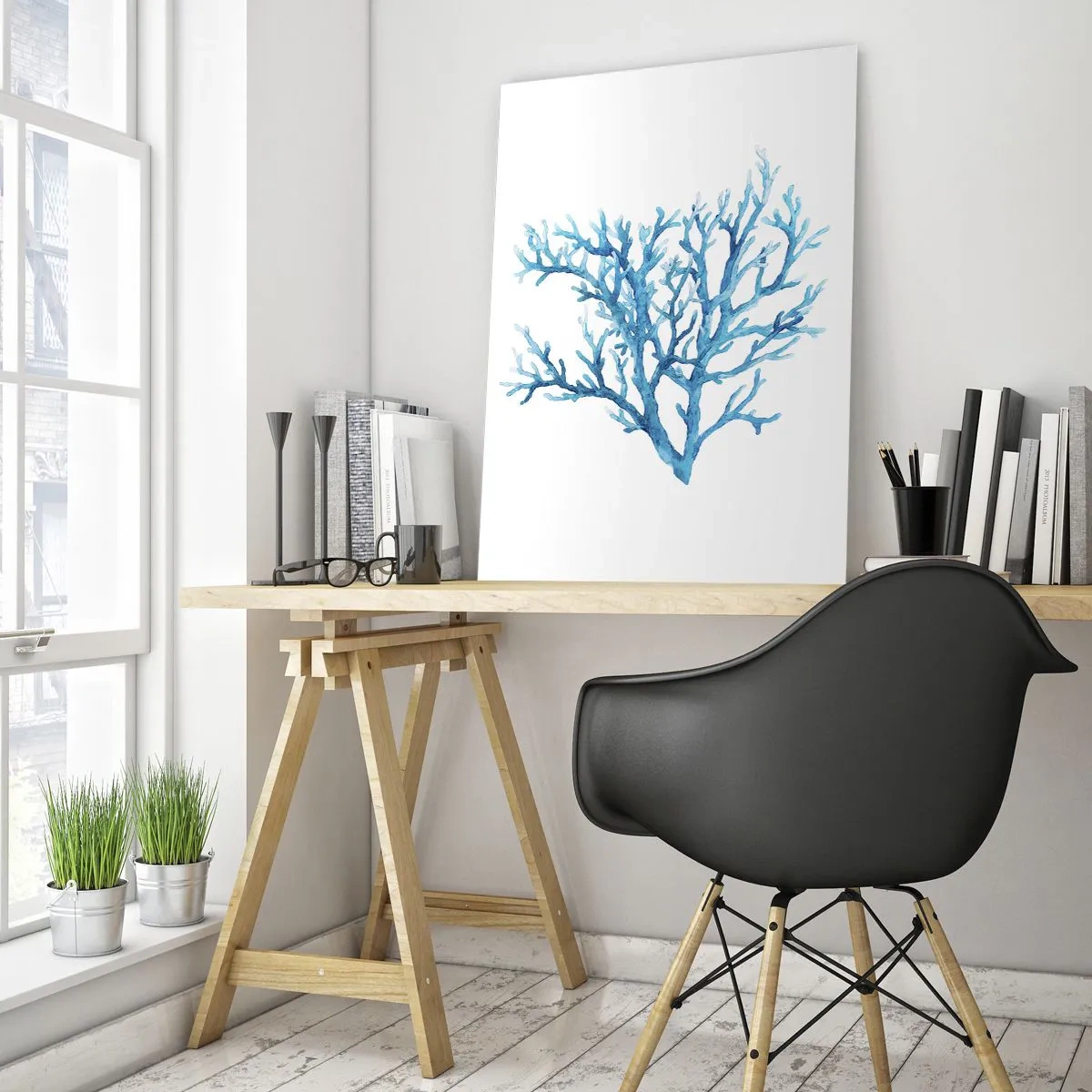 Glasbild - Bild auf glas - Blaue Koralle auf weißem Hintergrund mit minimalistischem Flair - 80x120cm - Nautisches Filigran - Moderne Wanddekoration für Wohnzimmer und Schlafzimmer ARTTOR