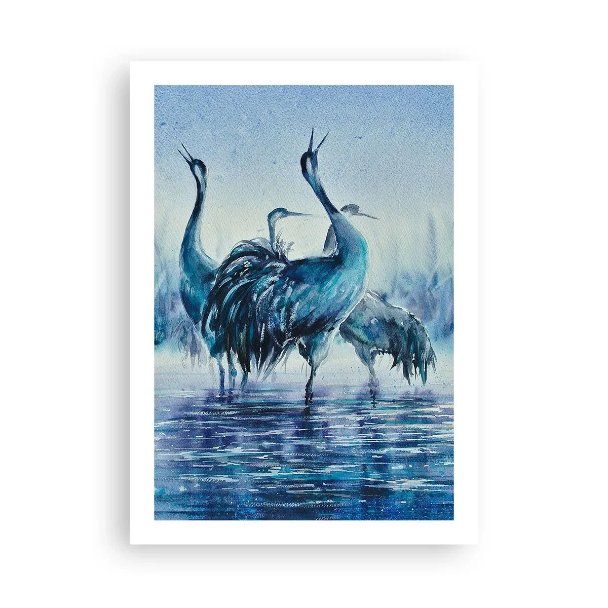 Poster - Ein stimmungsvolles Bild von Kranichen in einer blauen Wasserlandschaft - 50x70cm - Morgentliches Treffen - Moderne Wanddekoration für Wohnzimmer und Schlafzimmer ARTTOR