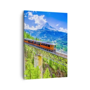Bild auf Leinwand - Leinwandbild - Eine Achterbahn auf einer Brücke mit Blick auf einen Wasserfall und Berge - 50x70cm - Jetzt sind Alpen dran - Moderne Wanddekoration für Wohnzimmer und Schlafzimmer ARTTOR
