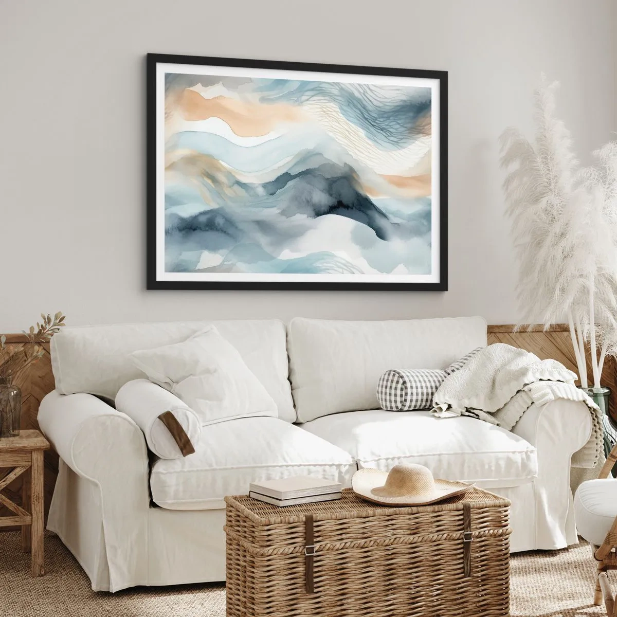 Poster in einem schwarzem Rahmen - Eine zarte Abstraktion mit Bergmotiv in Pastelltönen. - 70x50cm - Verschneite und neblige Abstraktion - Moderne Wanddekoration für Wohnzimmer und Schlafzimmer ARTTOR