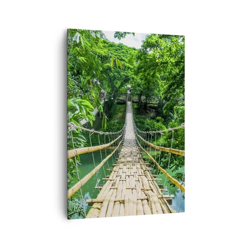 Bild auf Leinwand - Leinwandbild - Eine hängende Bambusbrücke, umgeben von Grün - 70x100cm - Monkey Bridge über das Grün - Moderne Wanddekoration für Wohnzimmer und Schlafzimmer ARTTOR