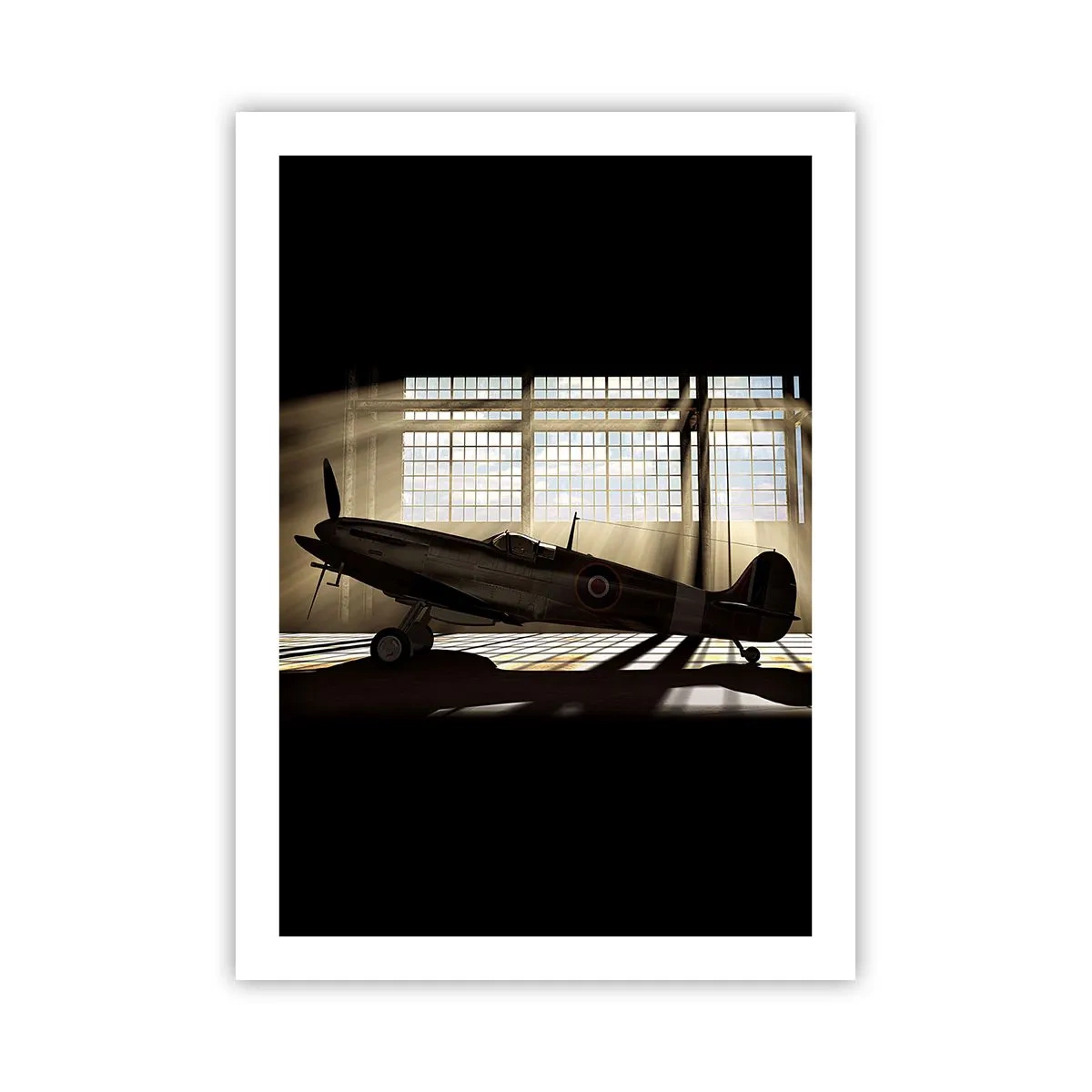 Poster - Historisches Flugzeug im Hangar mit Sonnenstrahlen - 50x70cm - Die Ruhe eines Kriegers - Moderne Wanddekoration für Wohnzimmer und Schlafzimmer ARTTOR