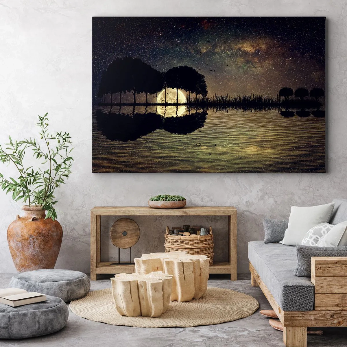Bild auf Leinwand - Leinwandbild - Eine magische Nacht mit Bäumen und dem Mond, der sich im Wasser spiegelt - 100x70cm - Nacht am Ende der Welt - Moderne Wanddekoration für Wohnzimmer und Schlafzimmer ARTTOR